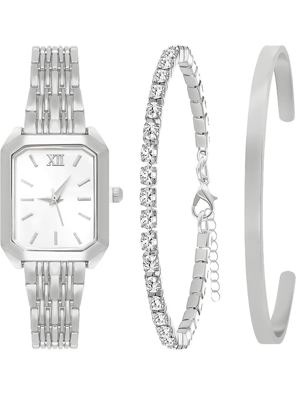 Women's Light Silver Stainless Steel Gold Plated Square Bangle Bracelet Watch